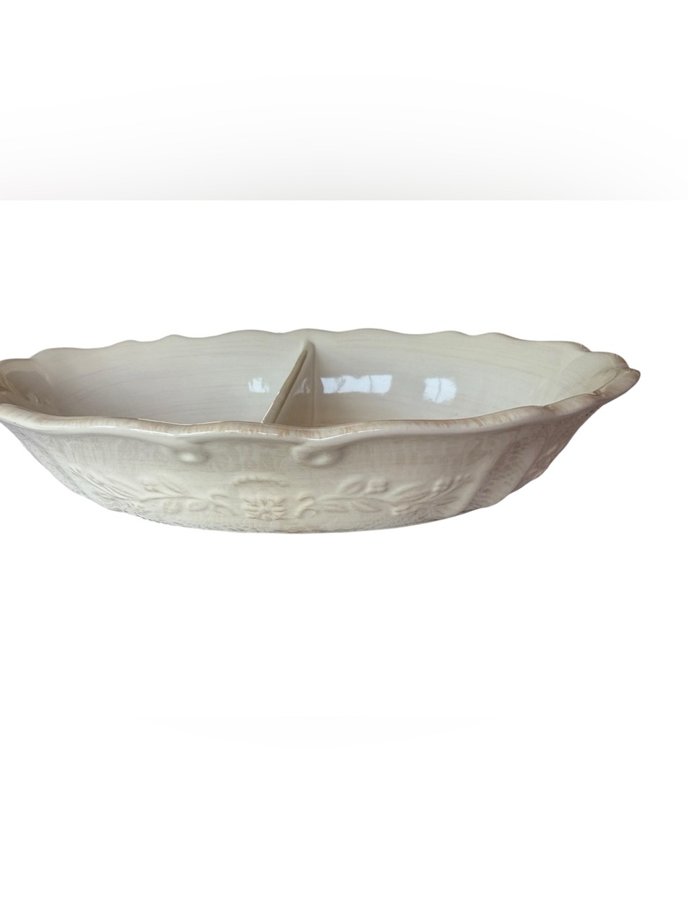 CorningWare Traditions 1 Qt Divided Serving Dish Cream Embossed Floral Stoneware